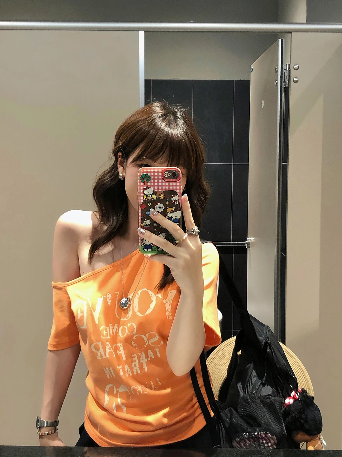 Sakura Orange Printed Letter T-Shirt Women's Slim Fit Short Sleeve Casual Top Summer Fashion Design Shoulder Length Top