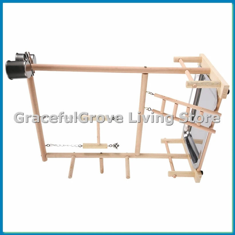 Parrots Playground,Natural Wooden Parrot Perch Gym Play Stand Parakeet Ladders with Feeder Cups and Toys Exercise Play-ABFB