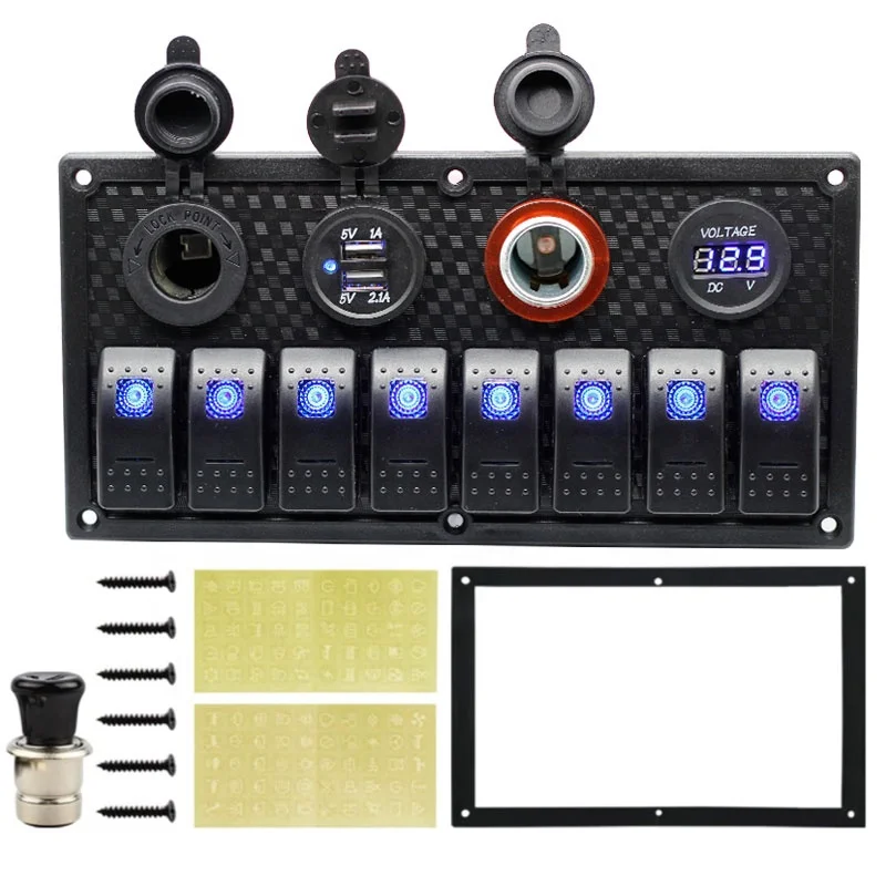 12V Waterproof LED Light Push Button Toggle 8 Gang Electrical Switch Panel for Car Boat Plastic Marine Rocker Cigarette Lighter
