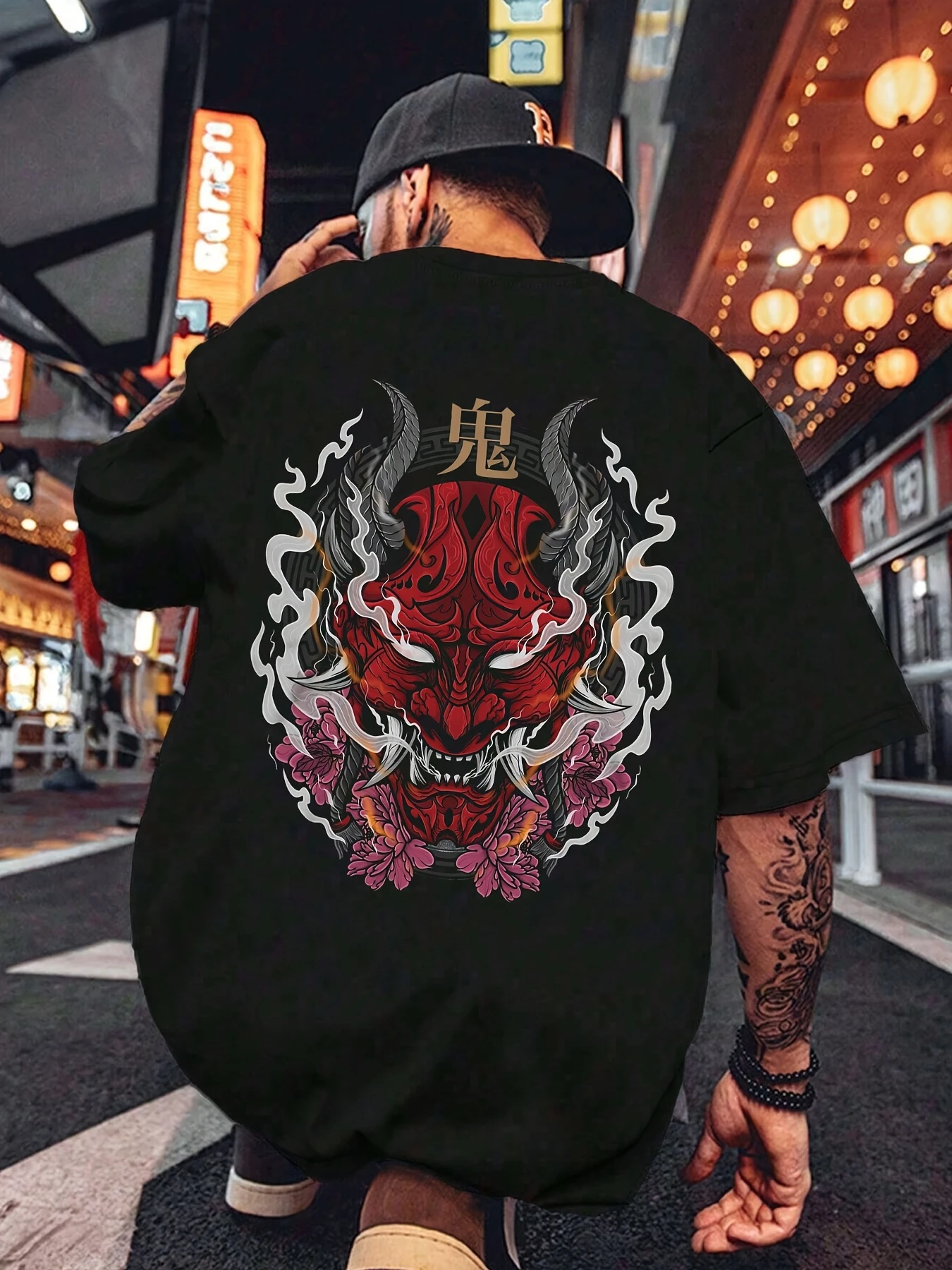 Hannya Oni Mask Grafik-T-Shirt für Herren und Damen, Streetwear, ästhetisch, urban, übergroß, kurzärmelig, Baumwolle, lässige Oberteile