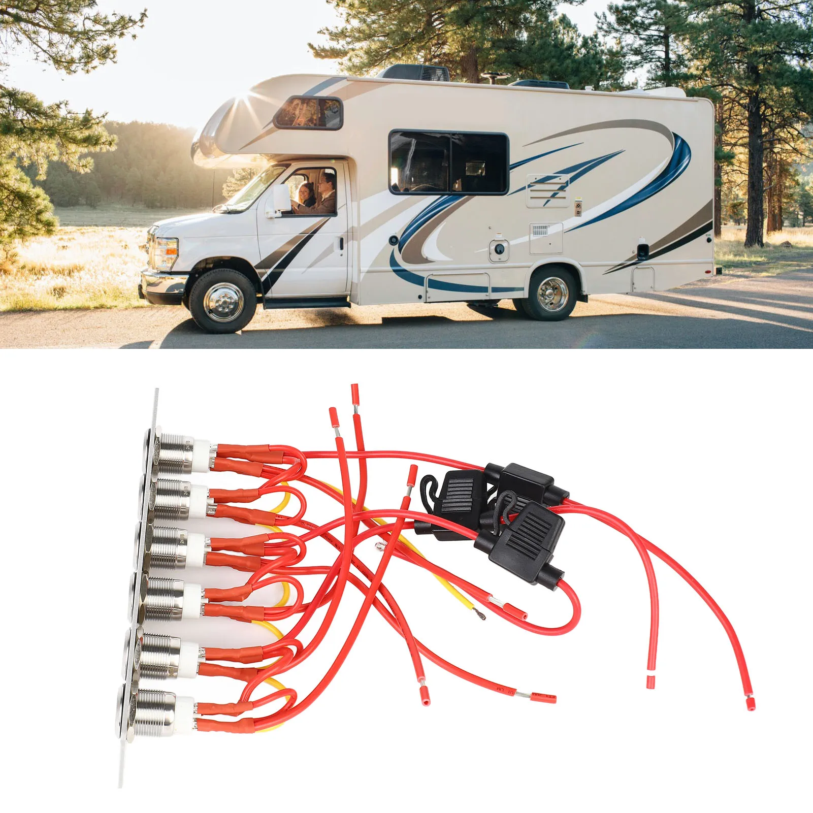 

Предварительно проводная 6-клавишная панель кнопочного переключателя с синими светодиодными лампами для автомобиля RV Yacht 12-24V DC System