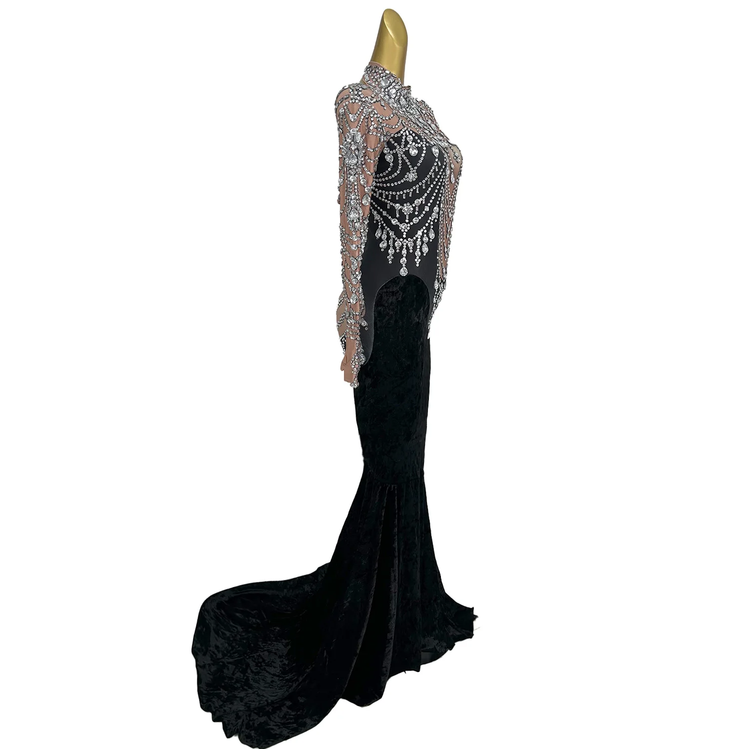 Vestido de sirena de noche de terciopelo de lujo para mujer, vestido Sexy de fiesta de cristal, vestido largo de graduación, trajes de escenario de cantante Sirongqun