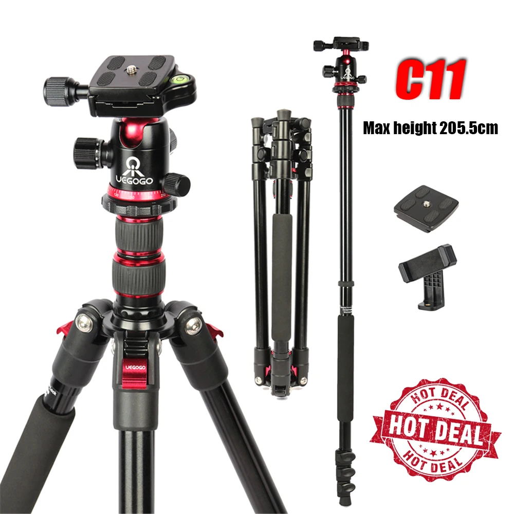 C11 2-in-1 Camera Tripod Foldable Aluminum Alloy Tripod Monopod with 360°Ball Head Detachable for DSLR Camera Max Height 196cm