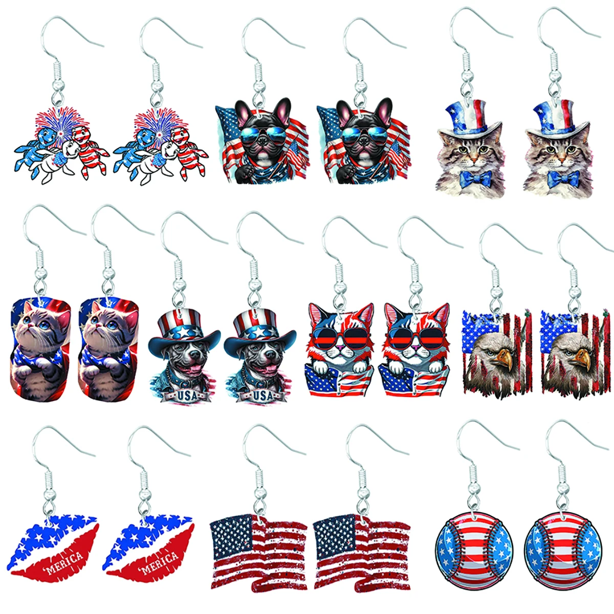 American Independence Day earrings, female flag animals, mouth cats and dogs