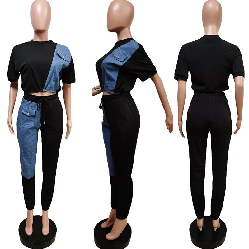 Streetwear 2 Piece Sets Womens Outfits Summer Denim Patchwork Pocket Crop Tops and Cargo Pants Suits Matching Sets Sweat Suit