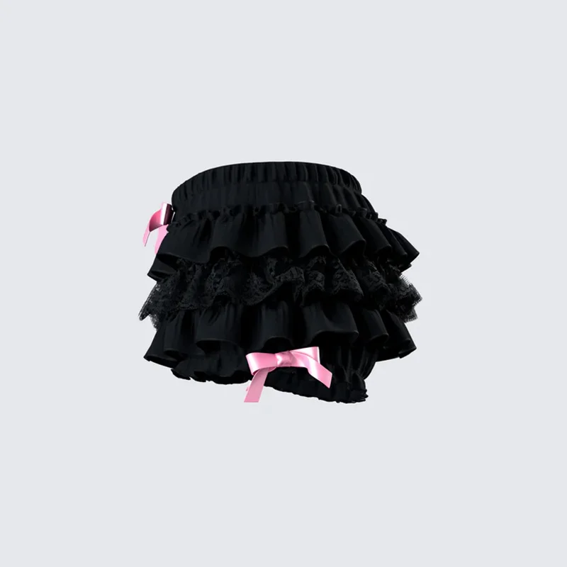 Lamuusaa Coquette Shorts for Women y2k Clothes Low Waist Ruffle Lace Bloomers with Bow Decor 2000s Lolita Kawaii Pettipants