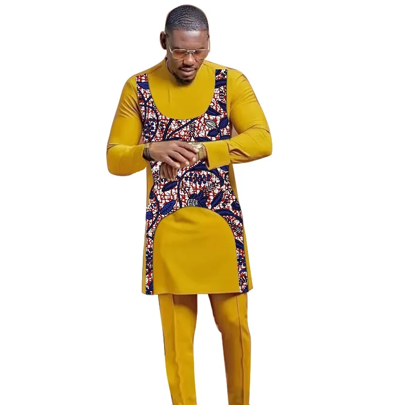 Patchwork Shirt With Solid Pant Yellow Men\'s Groom Suit Male Nigerian Fashion Custom Made African Party Outfits