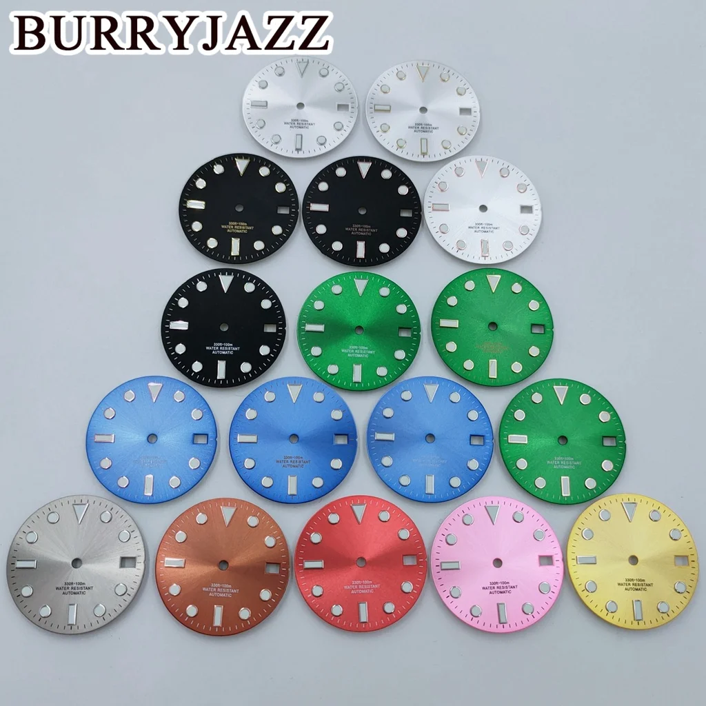 BURRYJAZZ 28.5mm No Logo NH35 MH36 Watch Dials Black Blue Green Red Silver Brown Gold Pink Grey Dial Luminous