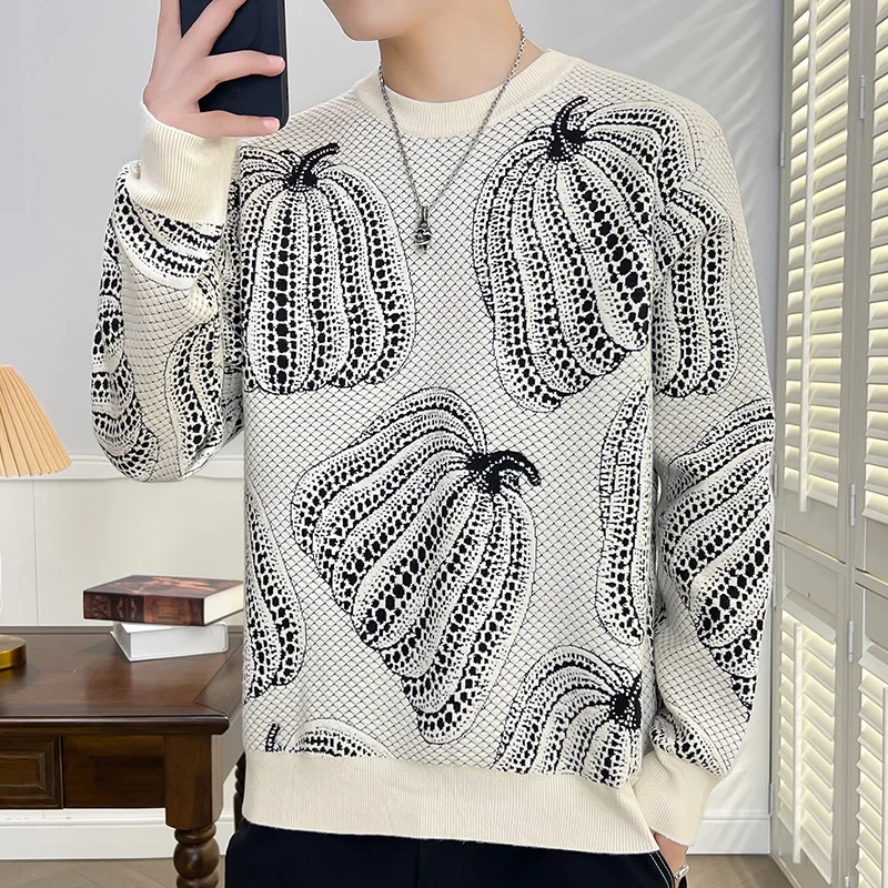 Men's Sweater New Autumn Winter Print Hip Hop Sweater Men Streetwear Pumpkin Print Pullover Tops Harajuku Sweater