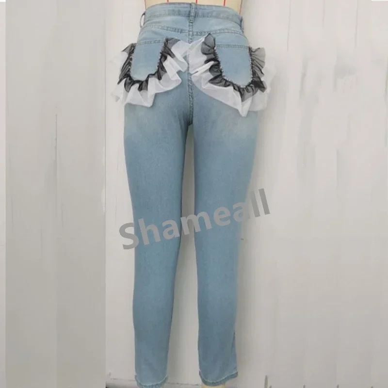 Plus Size Lace Ruffles Patchwork Pockets Low Rise Pencil Jeans 4XL Street Push Up Distressed Stretchy Ripped Skinny Denim Pants