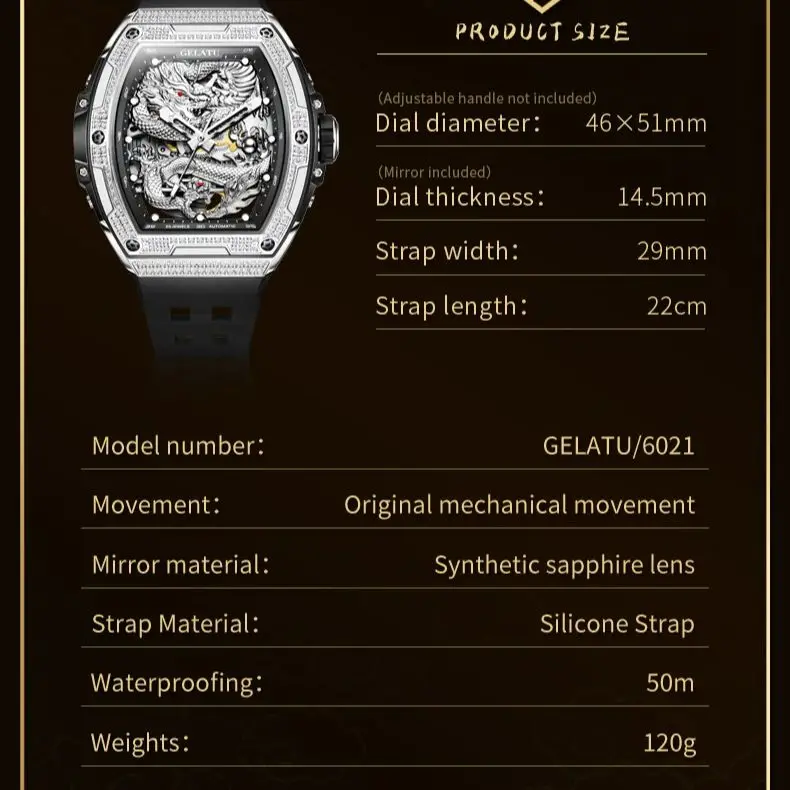 GELATU 6021 TOP Brand Men Watch High-end Dragon Watches Diamond Dial Silicone Strap Luminous Male Wristwatch Fashion Clock NEW