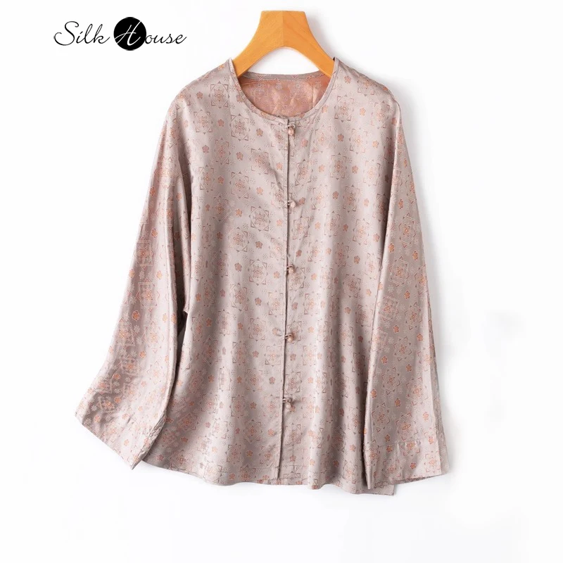 

2026 Women's Spring Fashion New 100% Natural Mulberry Silk Song Brocade Grey Pink Loose Round Neck Long Sleeve Cardigan Top