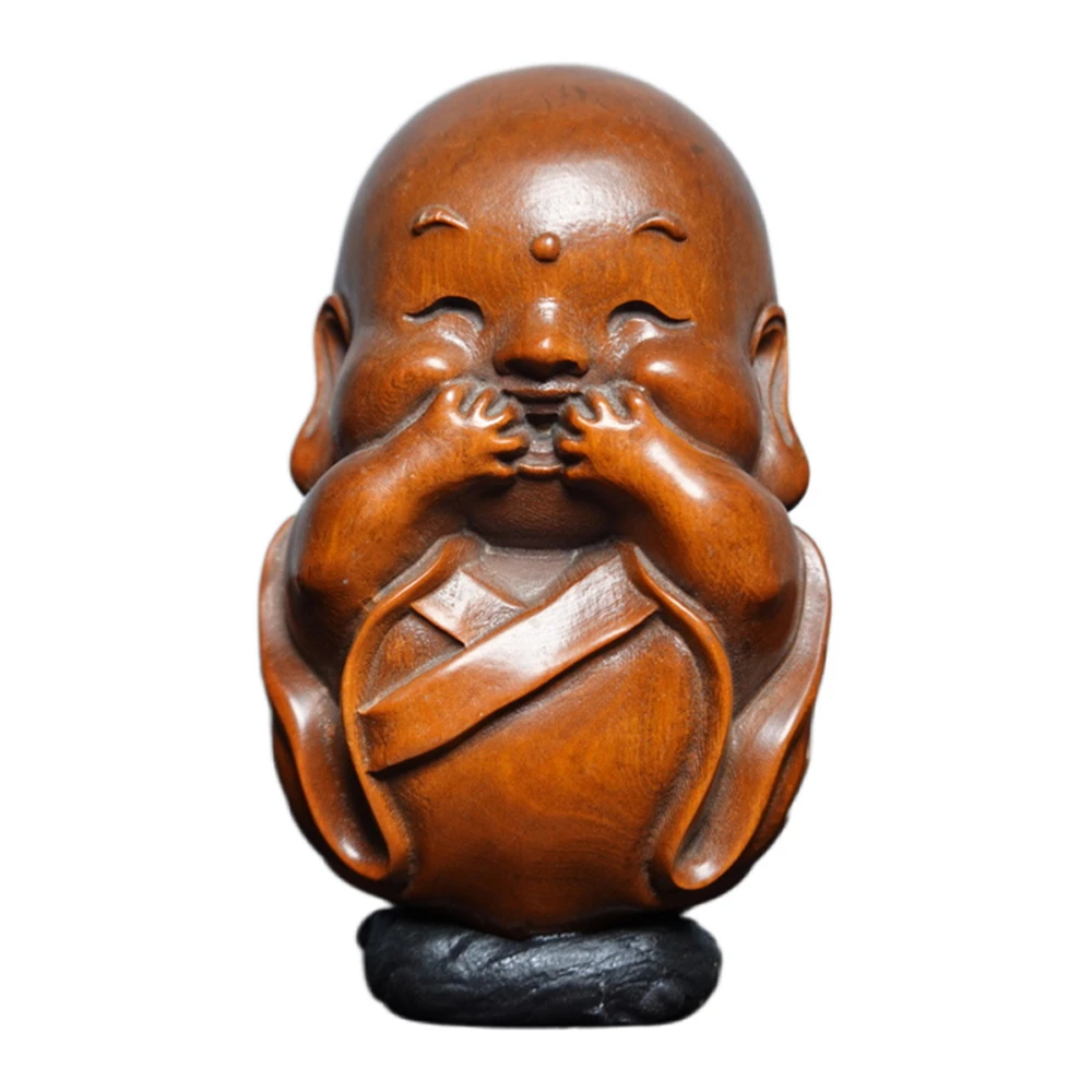 Figurine en bois sculpté, petit moine, statue, figurine, sculpture orientale bouddhiste, mignonne, tranquillité, bonheur, paix, sérénité