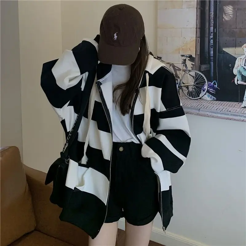 Hoodies Women Loose Sporty Design Striped Simple All-match Autumn Leisure Students Daily Ladies Sweet Basic Stylish Cozy Classic