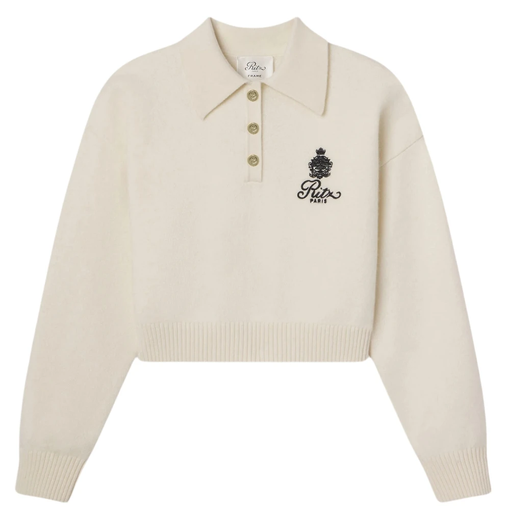 

Ritz Paris Embroidery Beige Long Sleeved Knitted Short Sweater For Woman Knitwear Popular Pullover Lady Polo Collar Clothes