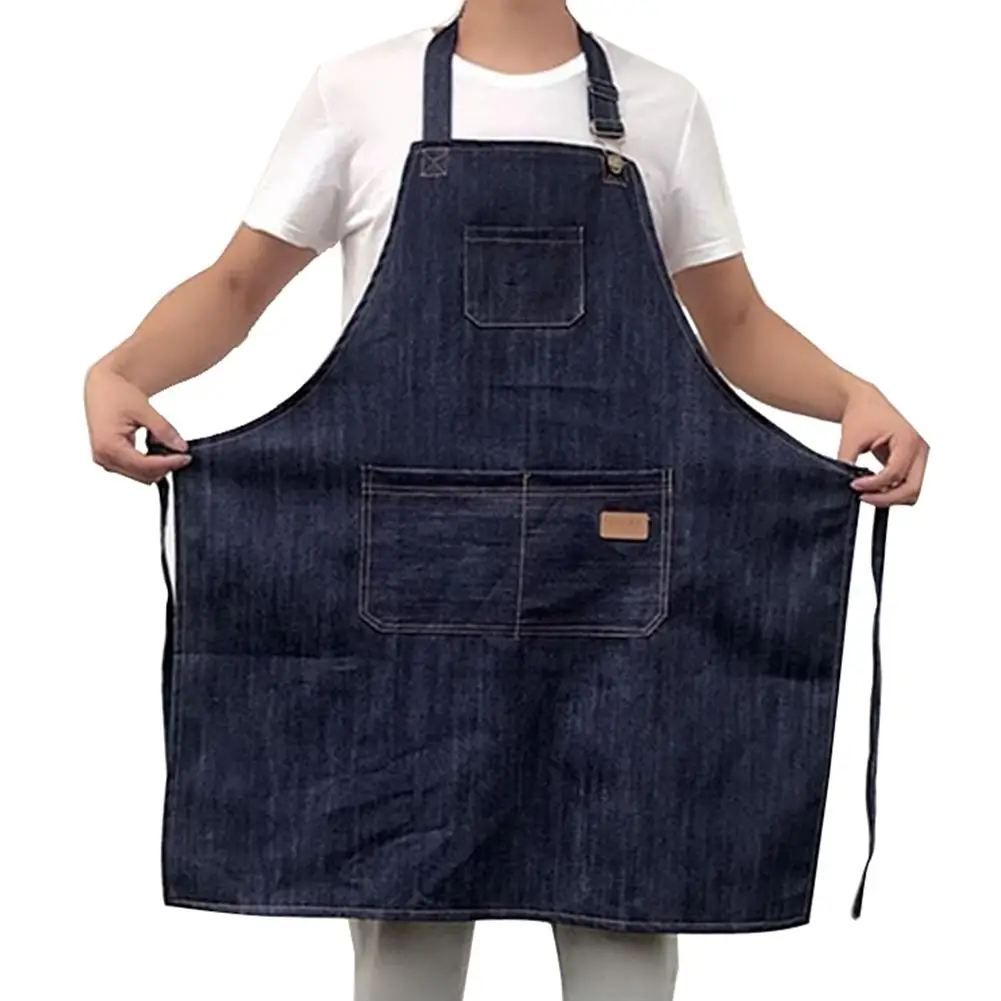 Neckband Waistline Denim Apron Adjustable Convenient Front Pocket Foldable Soft Wear-resistant Overalls For Home Kitchen Garden