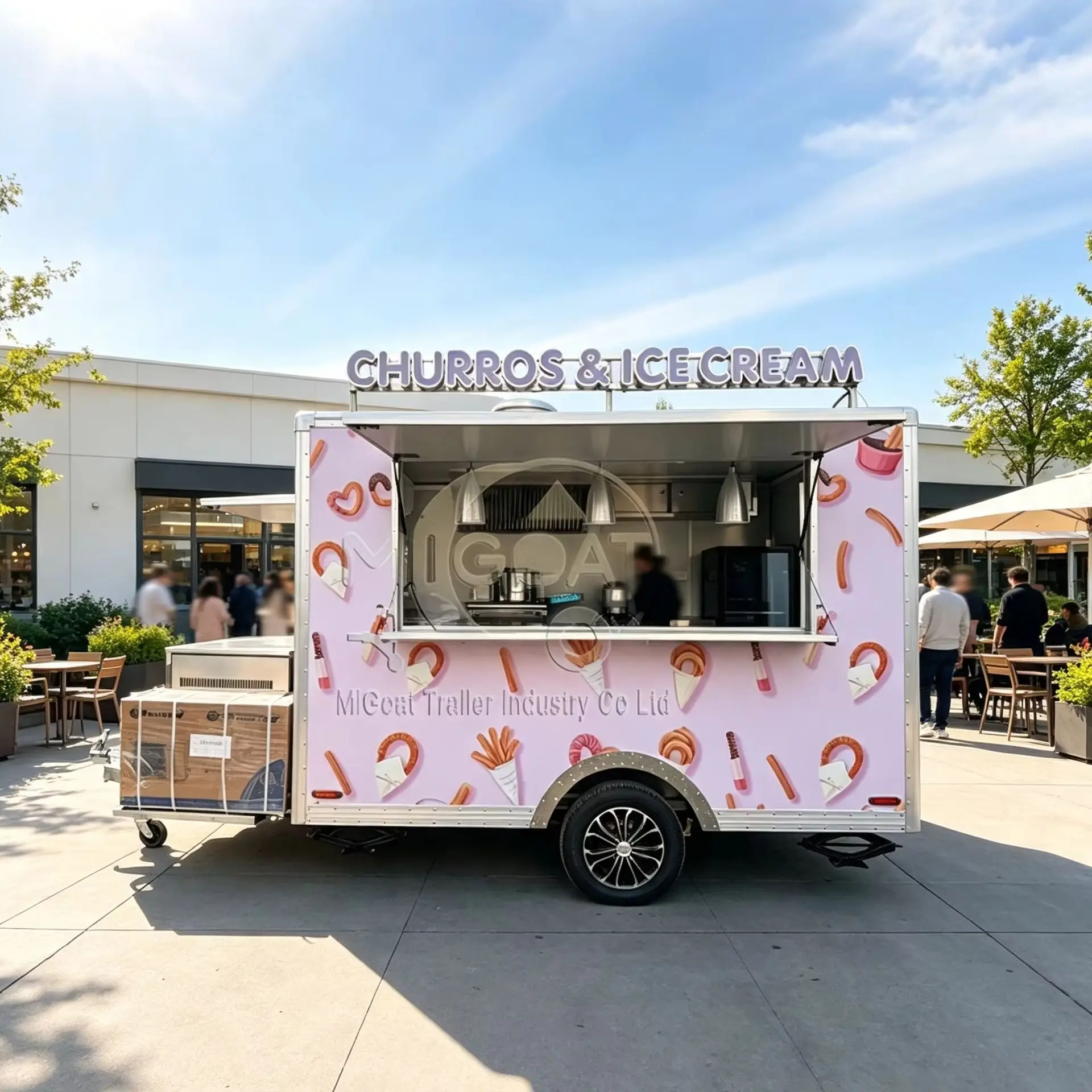 Custom Printed Single Axle Churros Ice Cream Food Trailer Stainless Steel Outdoor Snack Cart