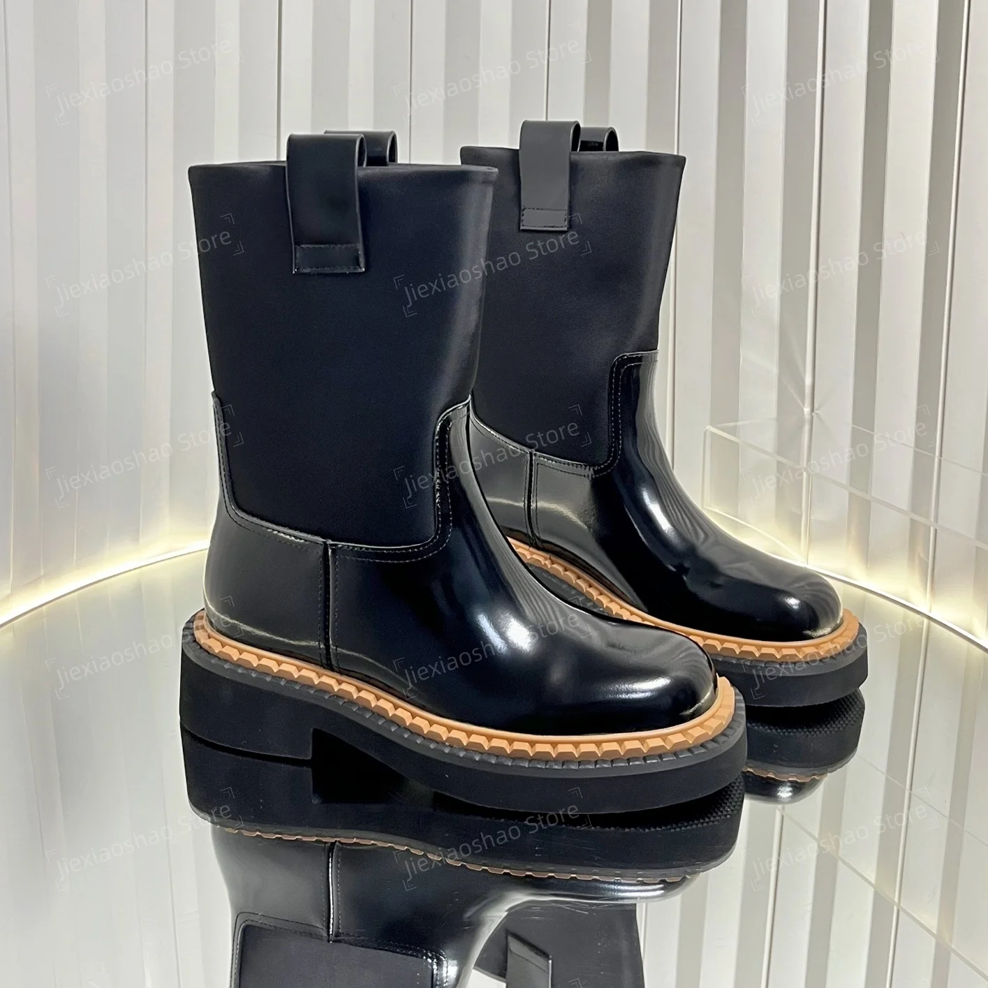 British Style Genuine Leather Round-Toe Chunky Heel Mid-Calf Boots Woman Chelsea Boots Knight Boots Handmade Sapato Feminino