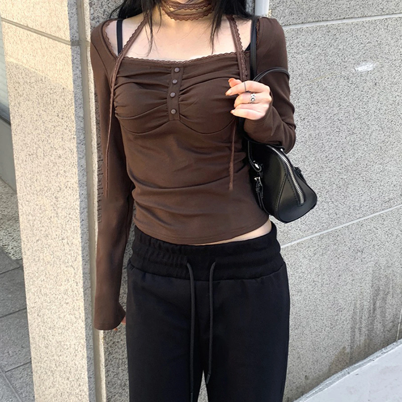 Classic Women's Lace Trim Tops Long Sleeve Square Neck Button Front Solid Color Slim Fit T-Shirts Grunge Blouses