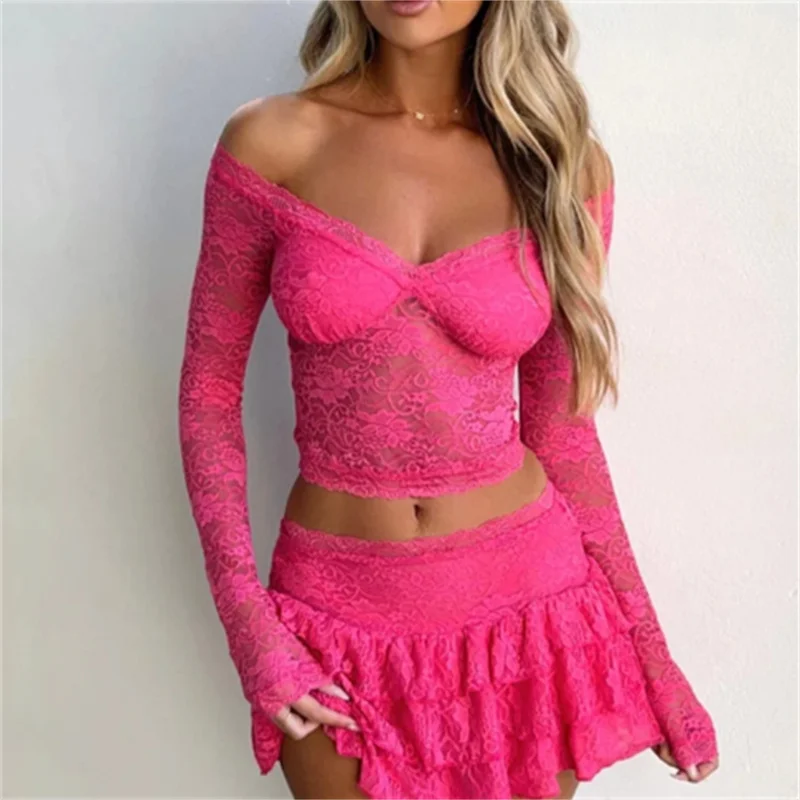 Y2K Lace Sheer Tops for Women Long Sleeve Fairycore Grunge Crop Tops Floral See Through Shirts Sexy Mesh  Going Out Blouses