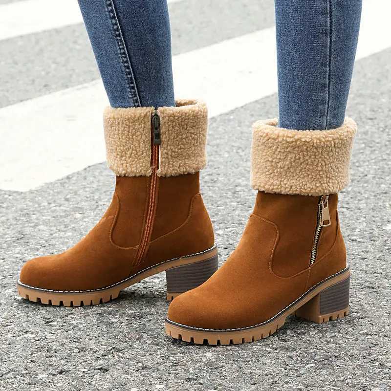 Fashion 2026 New Women's Winter Footwear Round Toe Block Heels 6cm Zipper Leisure Daily Style Oversize