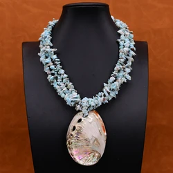 G-G 3 Rows Natural Blue Larimar Stone Chips Necklace Big Mix Color Abalone Shell Pendant 19