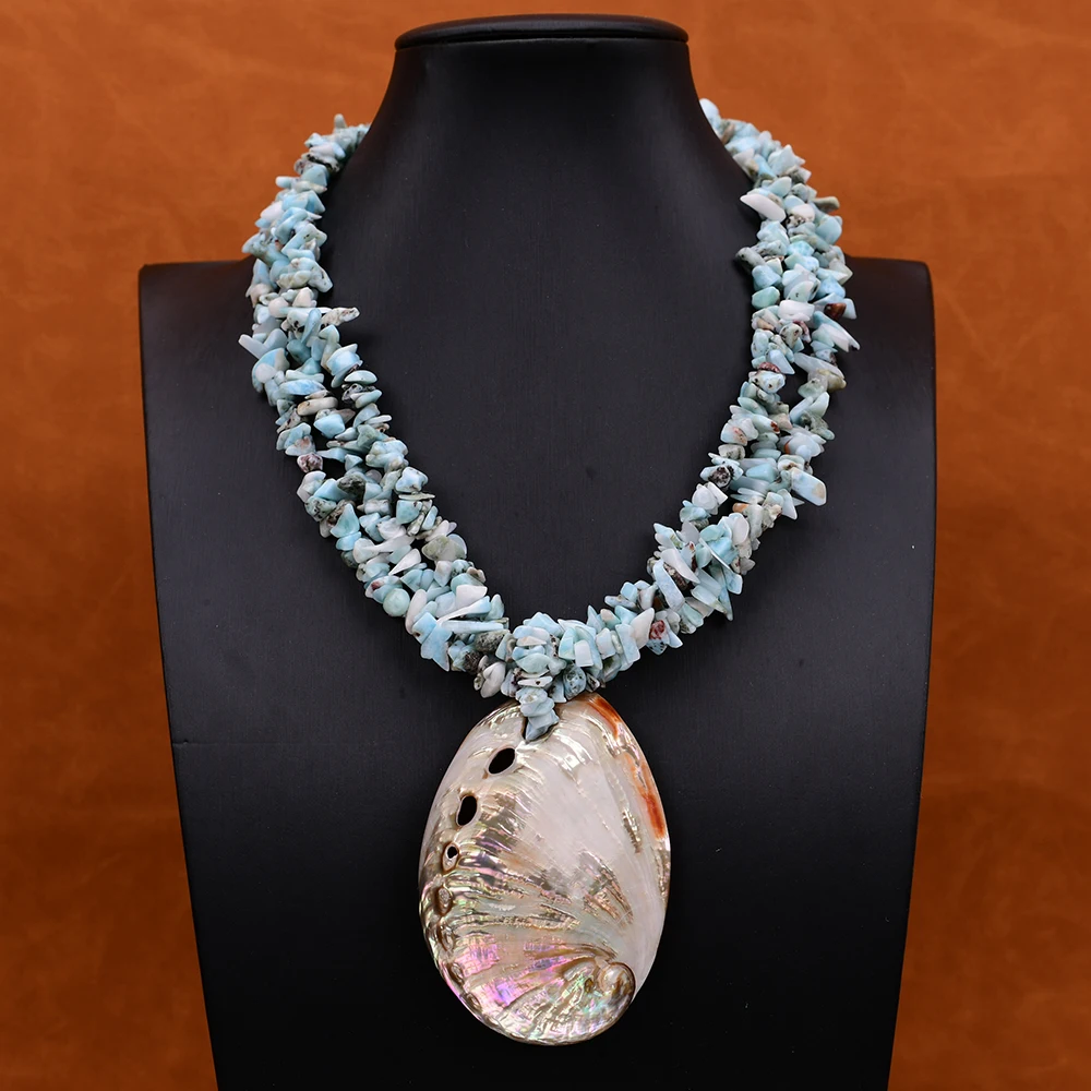 g g natural azul larimar pedra colar chips grande mix cor abalone shell pingente linhas 19 01