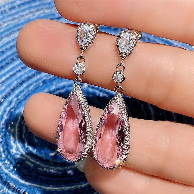 Luxury Gemstone Earrings Set 9*20mm Pink Crystal Zircon Jewelry Exquisite and Shiny Women's Birthday Gift Wedding Accessories