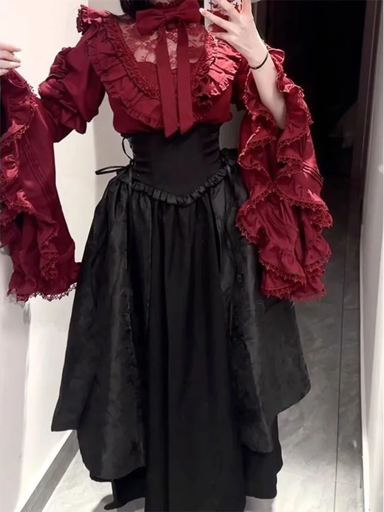 

Lolita Shirts Pure Red Sleeves Shirt Sk Black High Waist Skirt Women Dark Goth Slim Blouse Long Skirt 2-piece Set Jk Y2k Faldas