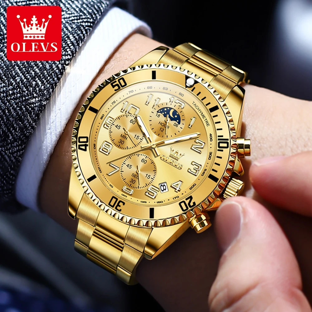 OLEVS 2926 Men\'s Watch Luxury Brand Gold Waterproof Calendar Moon Phase Chronograph Top Fashion Stainless Steel Men Quartz Watch