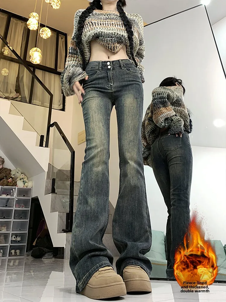 

Утепленные джинсы-клеш из микрофлиса в американском стиле для женщин, осенне-зимние, с высокой талией, утягивающие, маленькие размеры, большие размеры