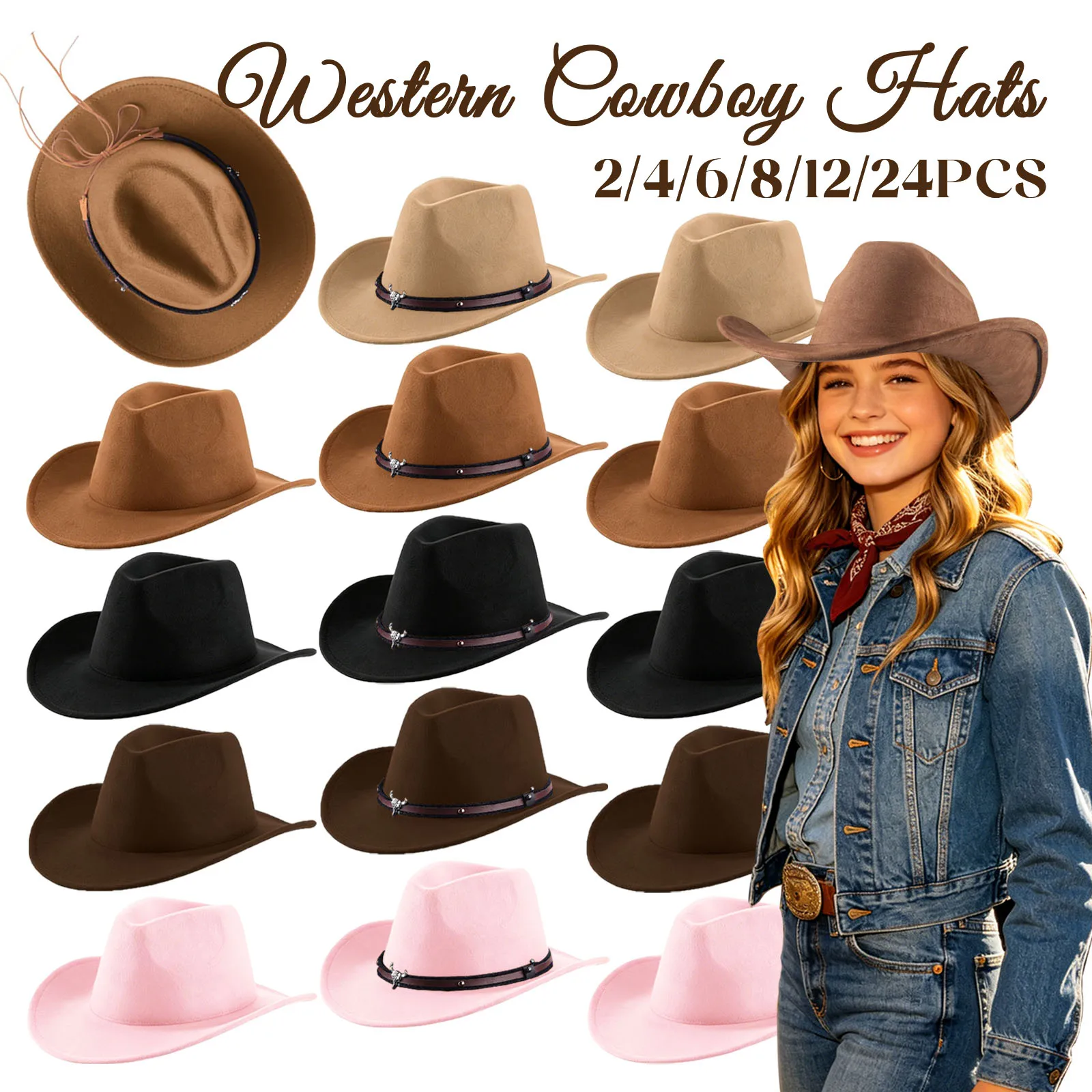 4-24 Stück Western Cowboyhüte für Männer und Frauen, verstellbare Filzhüte, Cowgirlhüte mit breiter Krempe, Fedoras für Erwachsene, Junggesellenabschieds-Kostüm