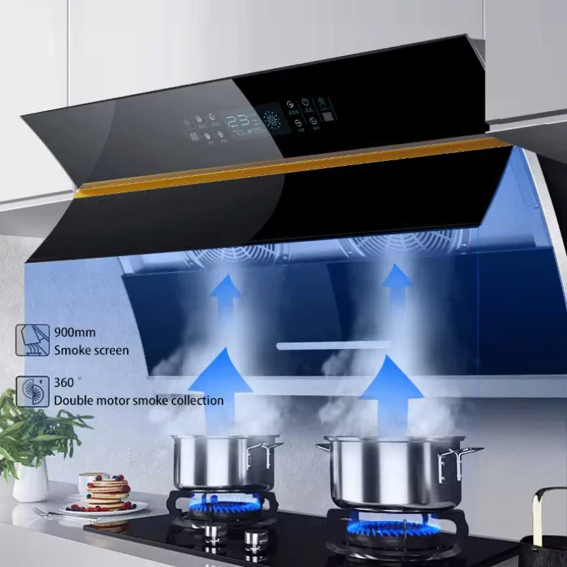 

Wall mounted 48 inch double suction kitchen hood smoke extractor fan 24 36 black modern Infrared Sensor Switch Smart Range Hood
