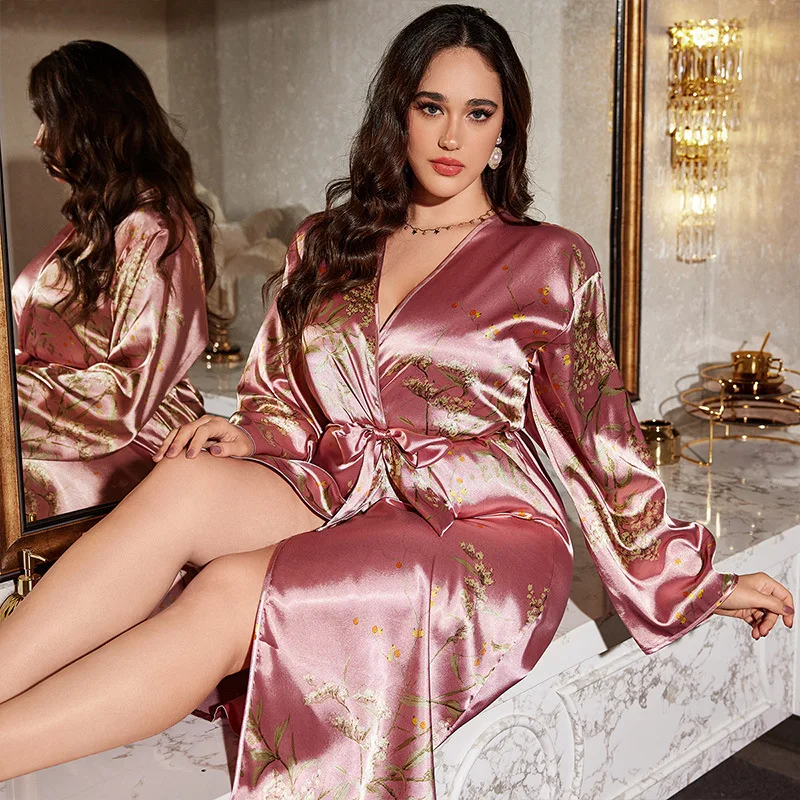 

Big Size Women Night Robe V-Neck Sexy Silk Robe With Belt Short Satin Kimono Robe Sleepwear Bathrobe Dressing Gown