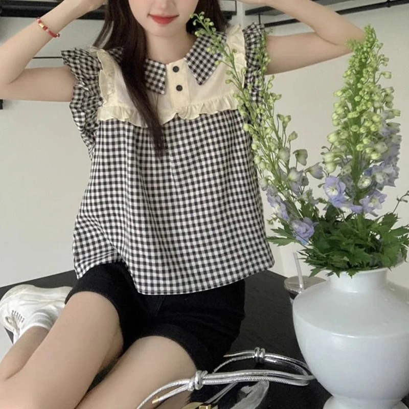 Women Trendy Vintage Plaid Print Patchwork Ruffles Blouses Summer Sweet Kawaii Chic Short Sleeve Shirts Female Casual Loose Tops