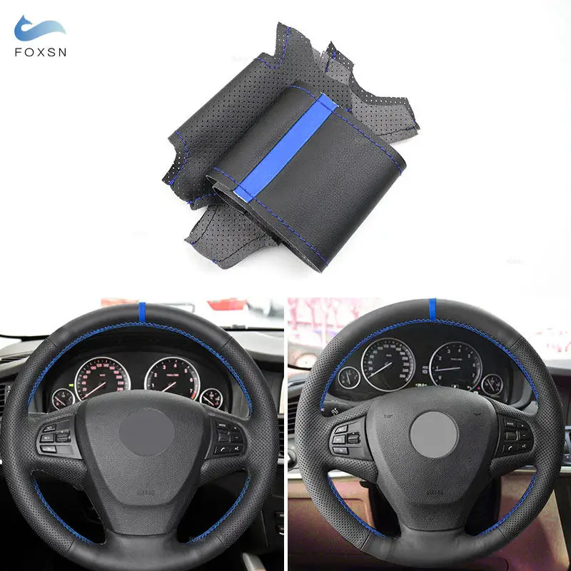 

For BMW X3 F25 2011-2016 X5 F15 2013 2014 2015 2016 2017 Perforated Leather blue bar Hand-stitched Car Steering Wheel Cover Trim