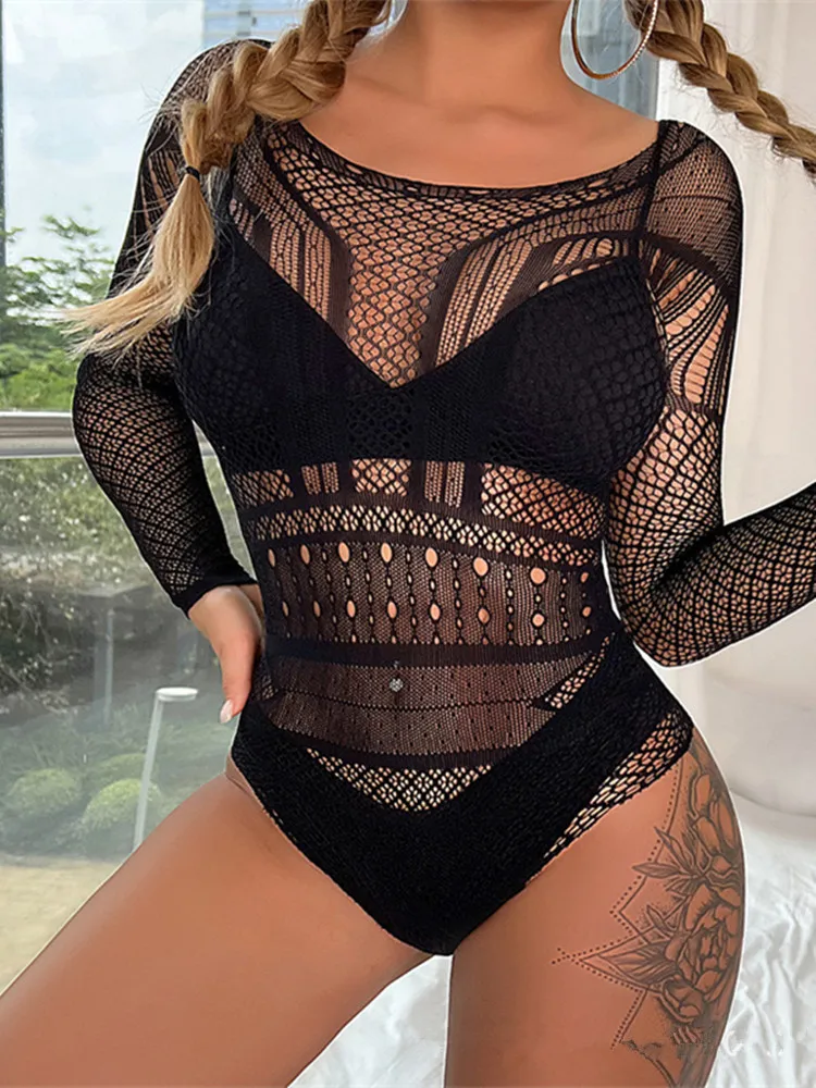 See Through Hollow Women\'s Underwear High Elastic Body Suit Clothes Erotic Transparent Temptation Mesh Tight Lingerie Costumes