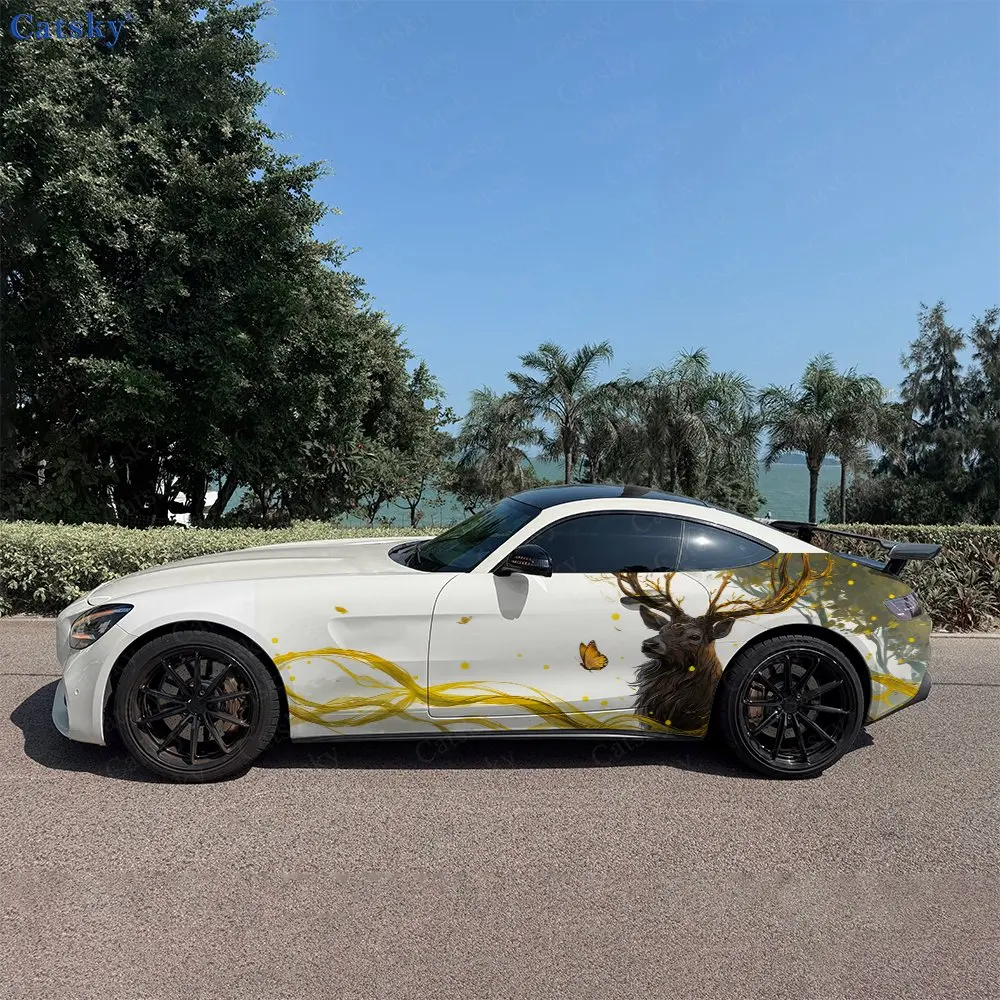 2pcs Stag Butterflies Stream Particle Car Side Wraps, Self-Adhesive PVC Waterproof & Scratch-Resistant Stickers, Car Accessory