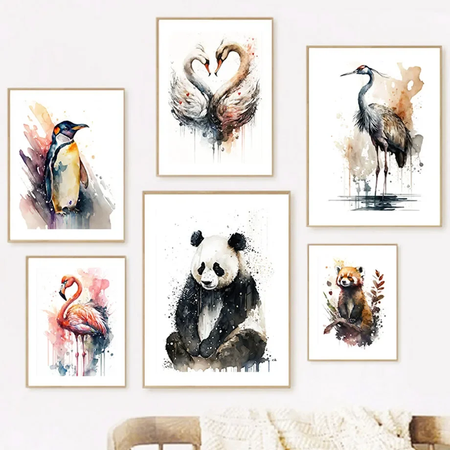 Cuadro sobre lienzo para pared, cisne, flamenco, zorro, ardilla, carteles nórdicos e impresiones de animales, imágenes de acuarela para decoración para sala de estar