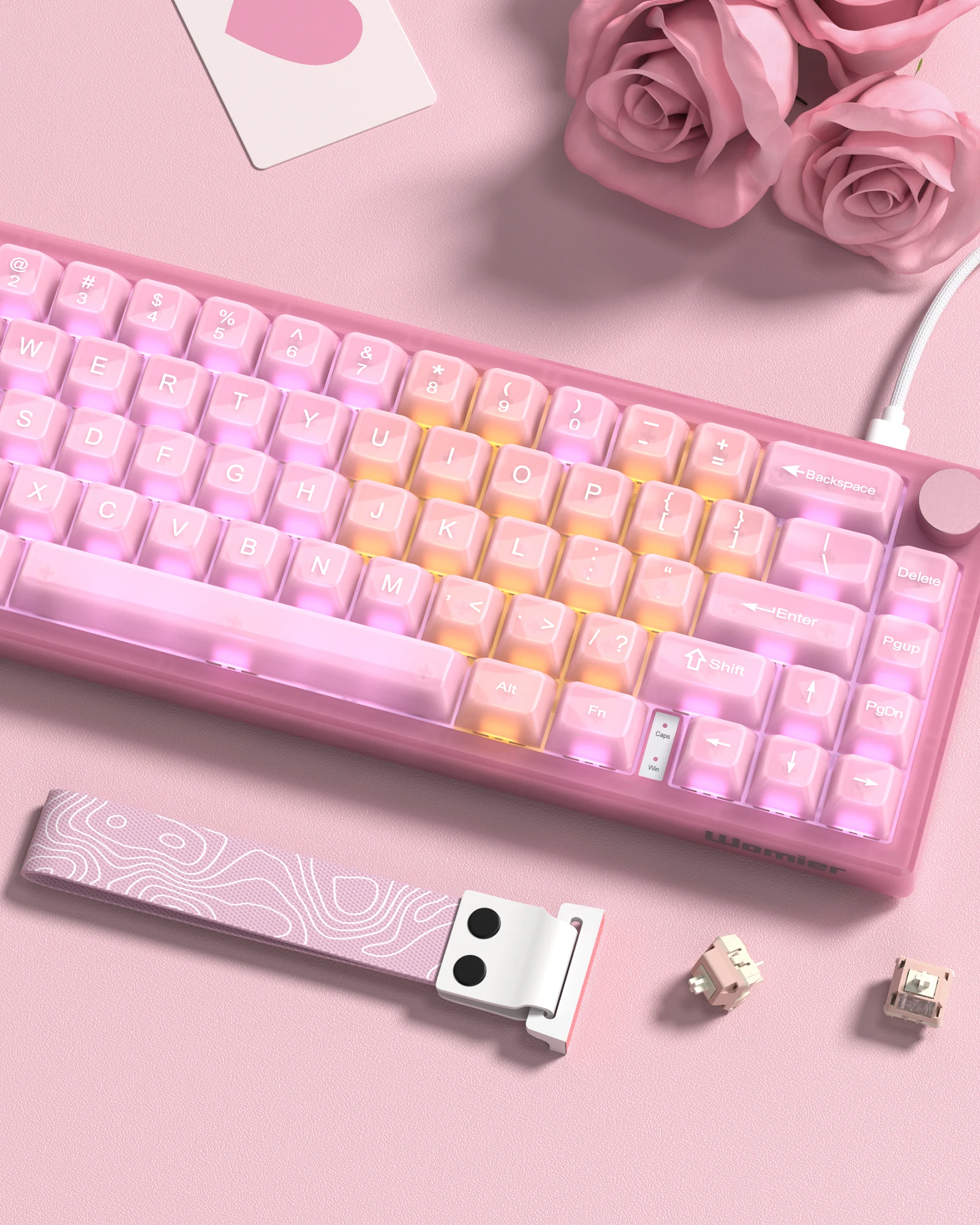 Womier Pink Fog Keyboard V-K66 PRO QMK Mechanical Gaming Keyboard Knob Strap Gasket Mounted Wired LED Backlit Hot-Swap Keyboard