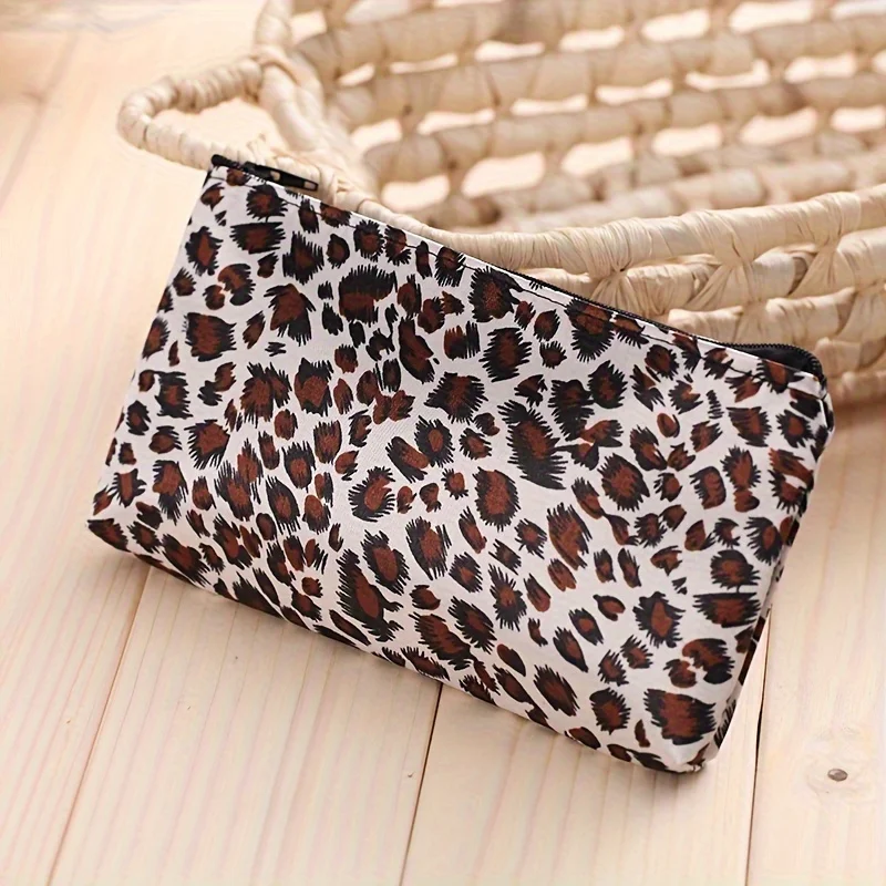 Leopard Print Makeup Bag with Zipper Canvas Cosmetic Pouch for Women Travel Toiletry Organizer for Skincare & Beauty Essentials