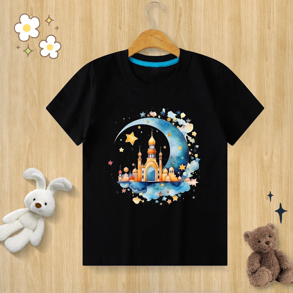 Children’s Pure Cotton T-shirt Ramadan Moon Print T-shirt  O-neck Short Sleeve Kids Clothes Boys Clothes Girls Clothes