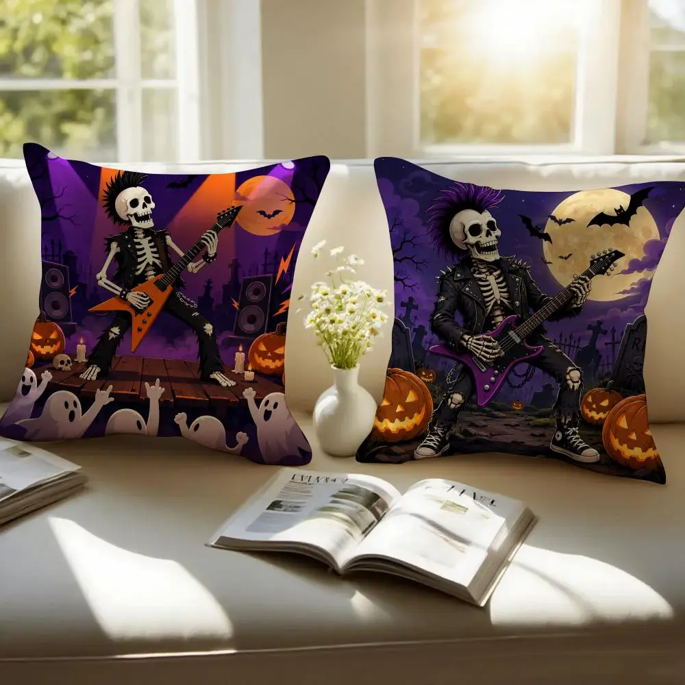H-Halloween Skeleton Playing Guitar Cushion Cover Pillowcase Anti-dustmite Invisible Zipper Short Plush Sofa Cushion