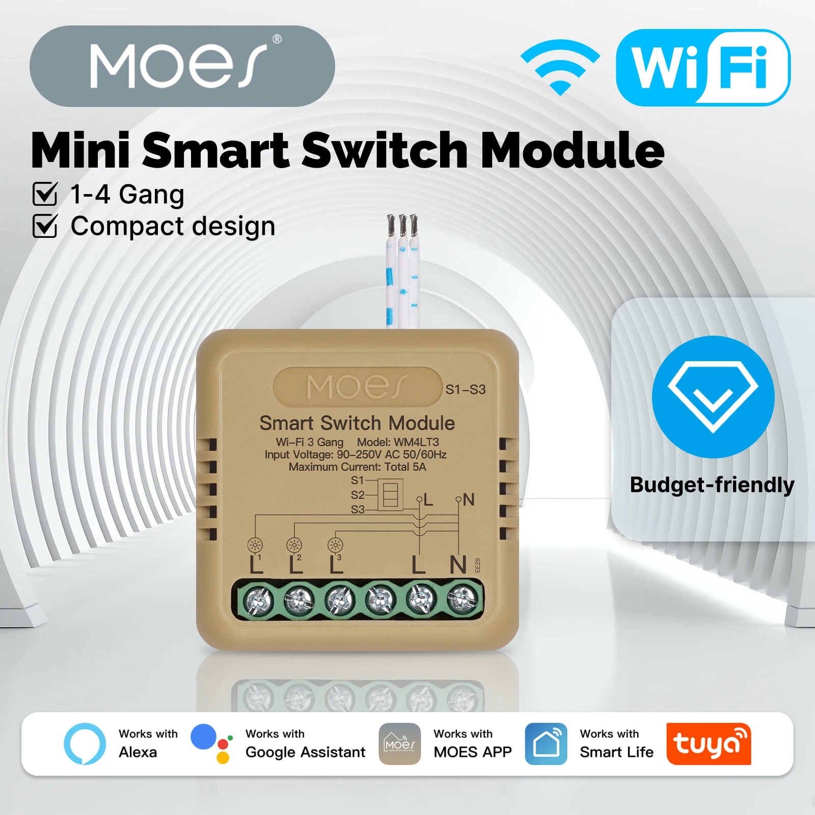 MOES In‑wall WiFi BLE Smart Switch Module 10A 3‑Gang One‑Way （ZM4LT3) Breaker Timer Voice Control Work with Tuya Alexa Google