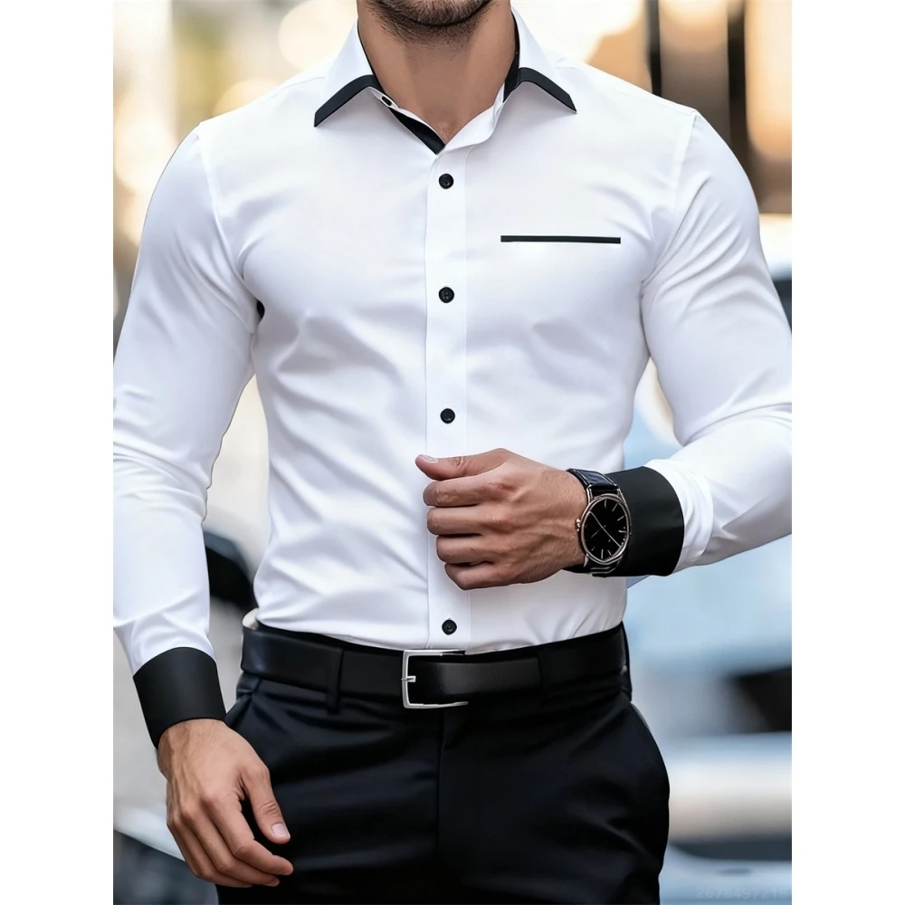 Men's Shirts Men's Business Casual Long Sleeved Shirts English Style Double Button Shirt Lapel Clothing Shirt Men's Fashion Tops