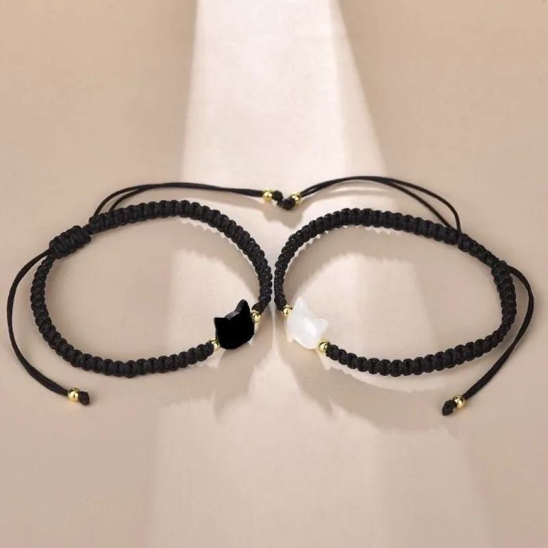 2pcs Handmade Couple Cute Cat Bracelet Unique Stylish Hand Rope For Women Men Delicate Beaded Woven Bracelet Accessories Gifts