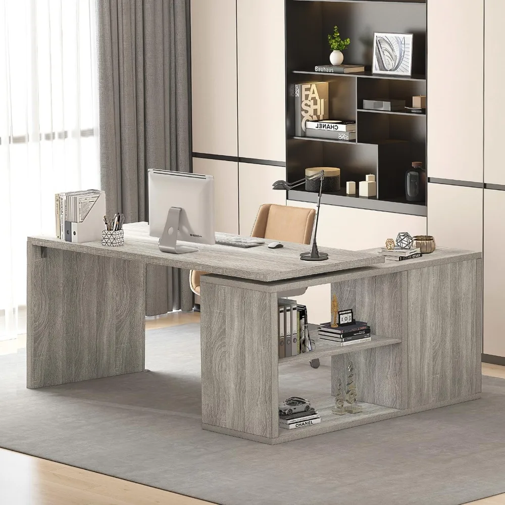 

Gray L Shaped Corner Desk with Storage Shelves, Reversible L Shape Computer Desk with Storage Cabinet, Adjustable Corner Hom