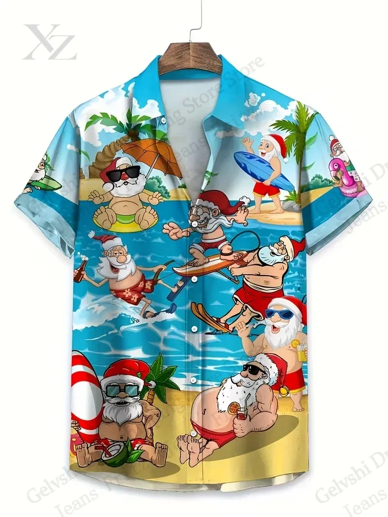Funny Santa Claus 3D Print Hawaiian Shirt Men Women Fashion Single-breasted Short Sleeve Beach Vacation Shirt Christmas Blouse