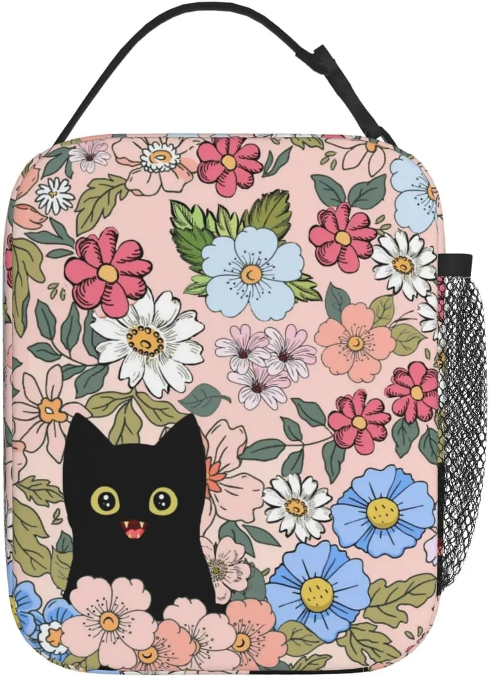 Black Cat Lunch Box Funny Cat Lunch Bag Kids Teen Girls Women Adult Cooler Insulated Floral Lunch Bag for School Work Travel