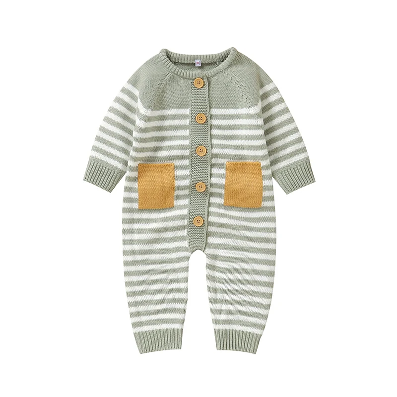 

Newborn Girls Stripe Knit Rompers Jumpsuits 0-18m Spring Autumn Winter Outwear Infant Boys Playsuits Long Sleeve Toddler Outfits